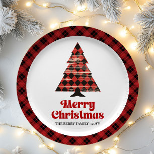 Cozy Farmhouse Plaid Tree Christmas Paper Plates