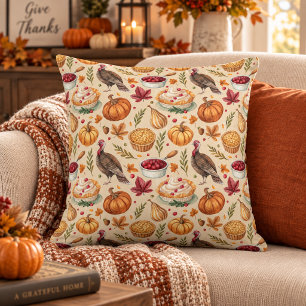 Cozy Farmhouse Thanksgiving Harvest Pattern Throw Pillow