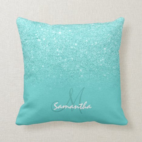 Cozy faux glitter ombre teal block personalized throw pillow