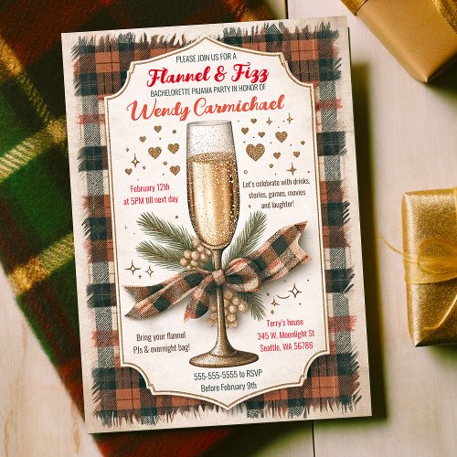 Cozy Festive Flannel and Fizz Bachelorette Party Invitation