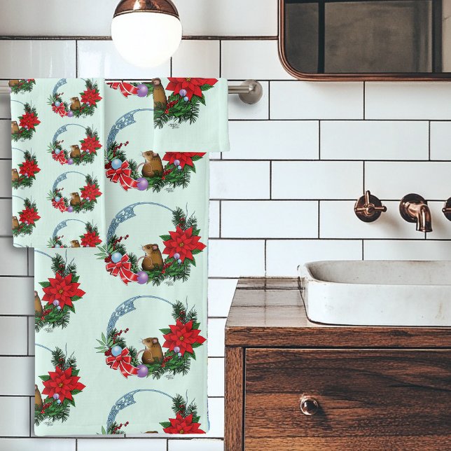 Cozy Festive Illustrative Christmas Mouse Wreath Bath Towel Set (Creator Uploaded)