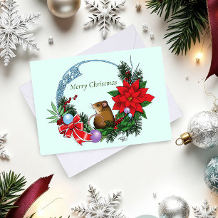 Cozy Festive Illustrative Christmas Mouse Wreath Card