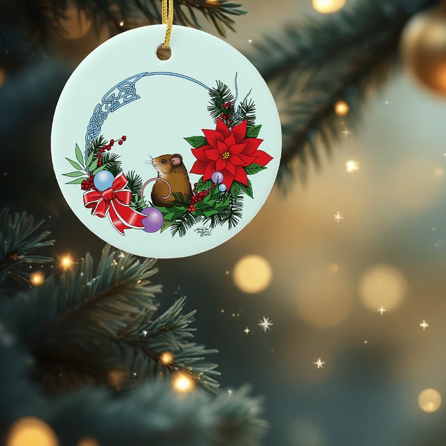 Cozy Festive Illustrative Christmas Mouse Wreath Ceramic Ornament (Creator Uploaded)