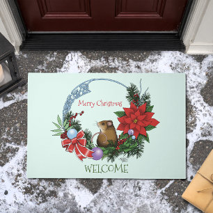 Cozy Festive Illustrative Christmas Mouse Wreath Doormat