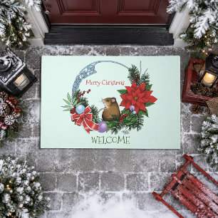 Cozy Festive Illustrative Christmas Mouse Wreath Doormat