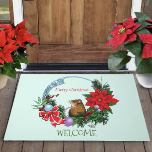Cozy Festive Illustrative Christmas Mouse Wreath Doormat