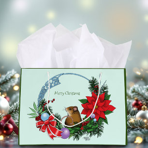 Cozy Festive Illustrative Christmas Mouse Wreath Large Gift Bag