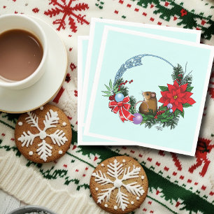 Cozy Festive Illustrative Christmas Mouse Wreath Napkins