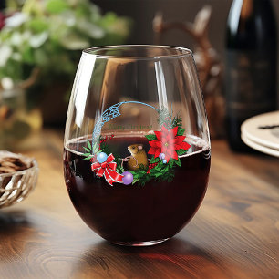 Cozy Festive Illustrative Christmas Mouse Wreath Stemless Wine Glass