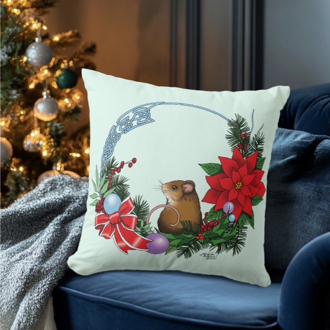 Cozy Festive Illustrative Christmas Mouse Wreath Throw Pillow (Creator Uploaded)