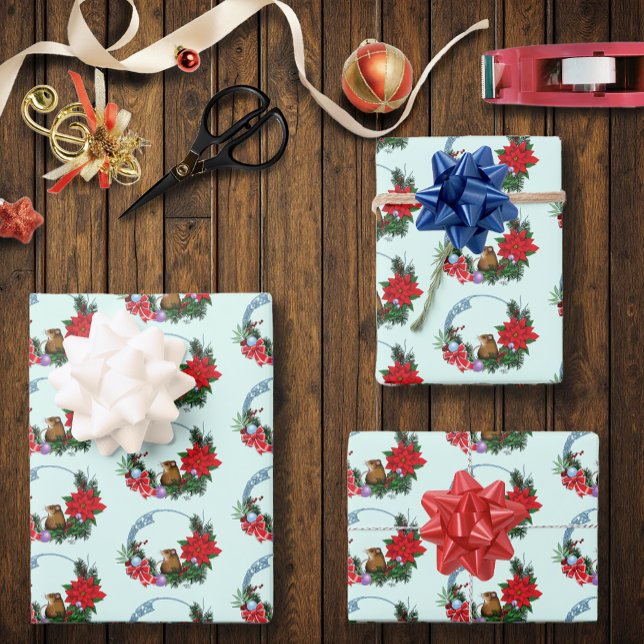 Cozy Festive Illustrative Christmas Mouse Wreath Wrapping Paper Sheets (Creator Uploaded)