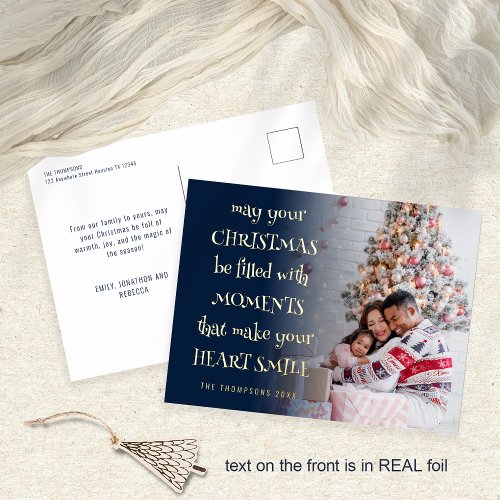 Cozy Festive Quote Photo Overlay Navy Christmas Foil Holiday Postcard