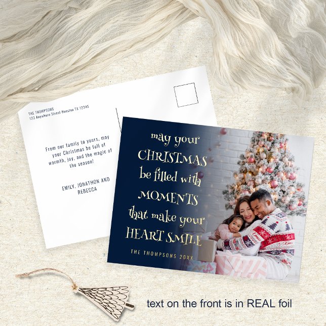 Cozy Festive Quote Photo Overlay Navy Christmas Foil Holiday Postcard (Front and back view. Real foil printing for the text on the front in gold, rose gold or silver)