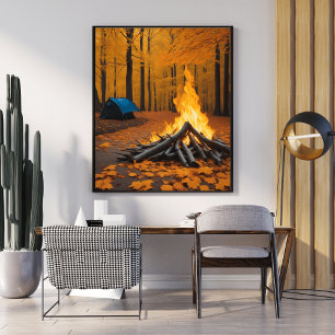 Cozy Fire and Log Cabin Unique Forest Scene Poster