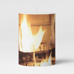 Cozy Fire Brick Fireplace Burning Logs Flames Pillar Candle