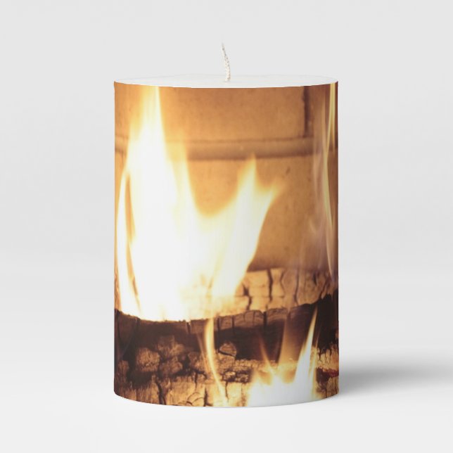 Cozy Fire Brick Fireplace Burning Logs Flames Pillar Candle (Front)