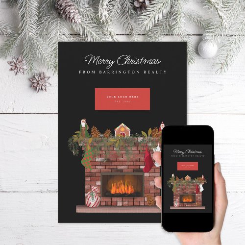Cozy Fireplace Business Logo Holiday Card