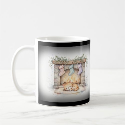 Cozy Fireplace Cat Christmas Coffee Mug
