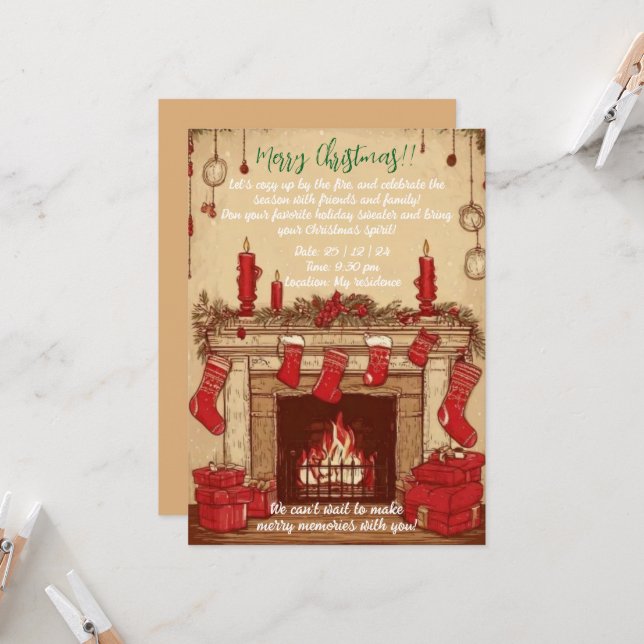 Cozy Fireplace Christmas Invitation (Front/Back In Situ)