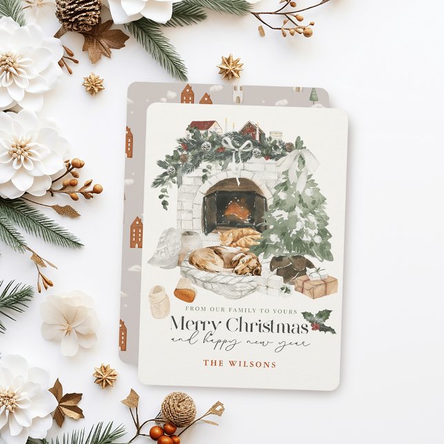 Cozy Fireplace Christmas Tree Cat & Dog Christmas Holiday Card (Creator Uploaded)