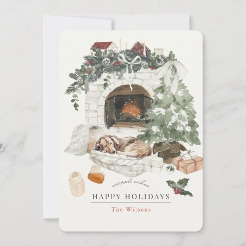 Cozy Fireplace Christmas Tree Dog Watercolor Holiday Card
