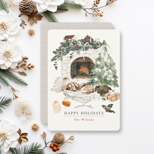 Cozy Fireplace Christmas Tree Dog Watercolor Holiday Card (Creator Uploaded)