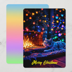 Cozy fireplace cute cat Merry Christmas Invitation