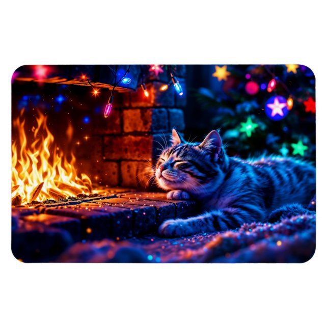 Cozy fireplace cute cat Merry Christmas Magnet (Horizontal)