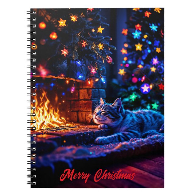 Cozy fireplace cute cat Merry Christmas Notebook (Front)