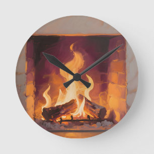 Cozy Fireplace Flames Round Clock