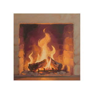 Cozy Fireplace Flames Wood Wall Art