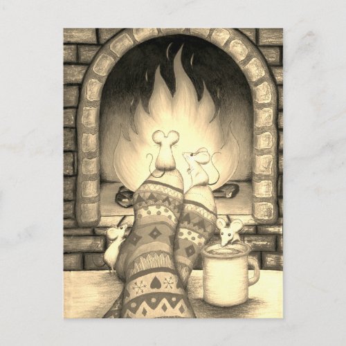Cozy Fireplace Mice on Socks Sepia Postcard