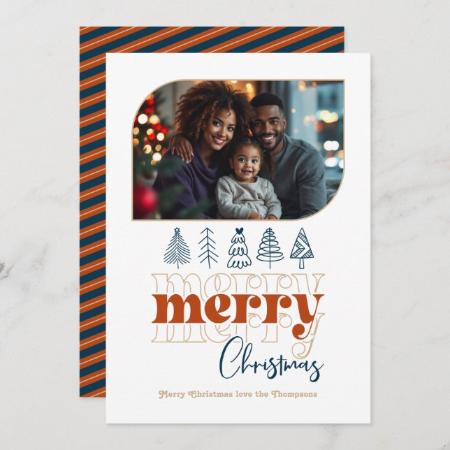 Cozy Fireplace Modern Retro Doodle Christmas Photo Holiday Card (Front/Back)