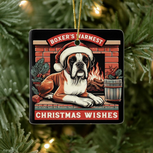 Cozy Fireplace Scene Vintage Boxer Dog Christmas Ceramic Ornament (Tree)