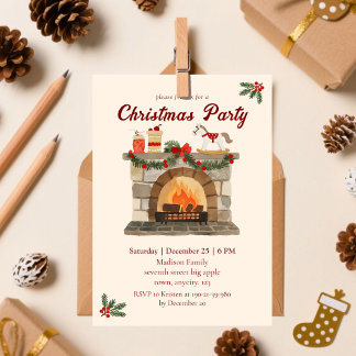 Cozy Fireplace Vintage Christmas party Invitation