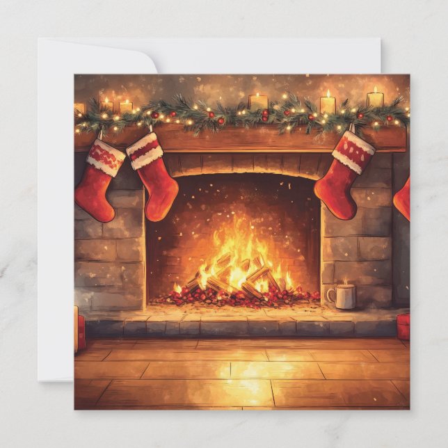 Cozy Fireplace with Hanging Stockings  Holiday Card (Front)