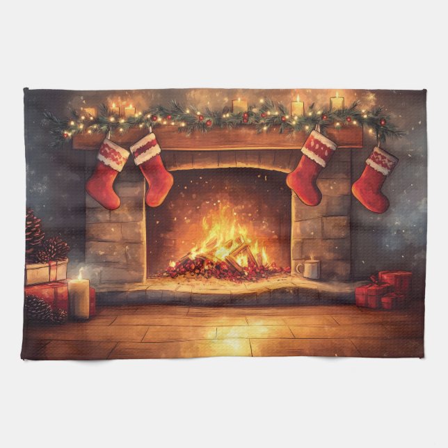 Cozy Fireplace with Hanging Stockings  Kitchen Towel (Horizontal)