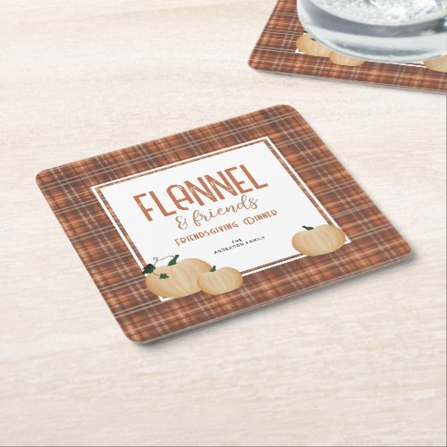 Cozy Flannel and Friends Friendsgiving Dinner Square Paper Coaster