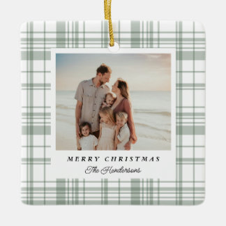 Cozy Flannel Plaid Christmas Photo Card - Green Ceramic Ornament