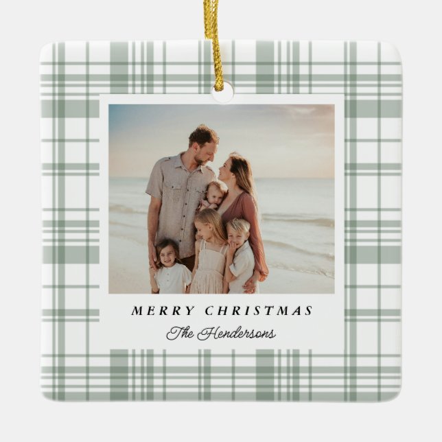 Cozy Flannel Plaid Christmas Photo Card - Green Ceramic Ornament (Front)