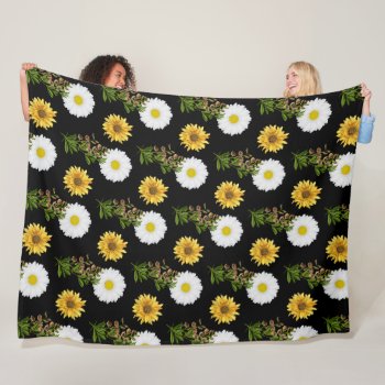 Cozy Floral Daisy Sunflower On Black  Fleece Blanket by Susang6 at Zazzle