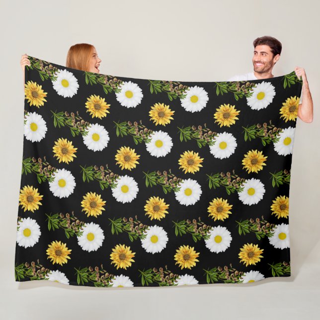 Cozy Floral Daisy Sunflower on Black  Fleece Blanket (In Situ)
