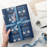 Cozy Folk Art Hanukkah Menorah and Peace Dove Wrapping Paper<br><div class="desc">Cozy folk art style menorah and peace dove perfect for a happy Hanukkah holiday celebration. Traditional blue and white color scheme with grey,  red and yellow accents.</div>