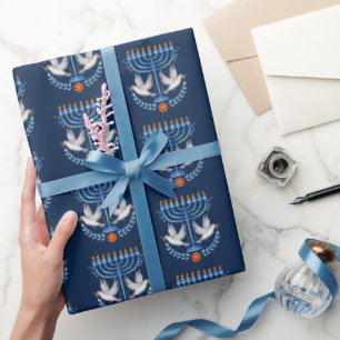 Cozy Folk Art Hanukkah Menorah and Peace Dove Wrapping Paper