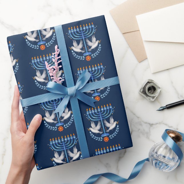 Cozy Folk Art Hanukkah Menorah and Peace Dove Wrapping Paper (Gifting)