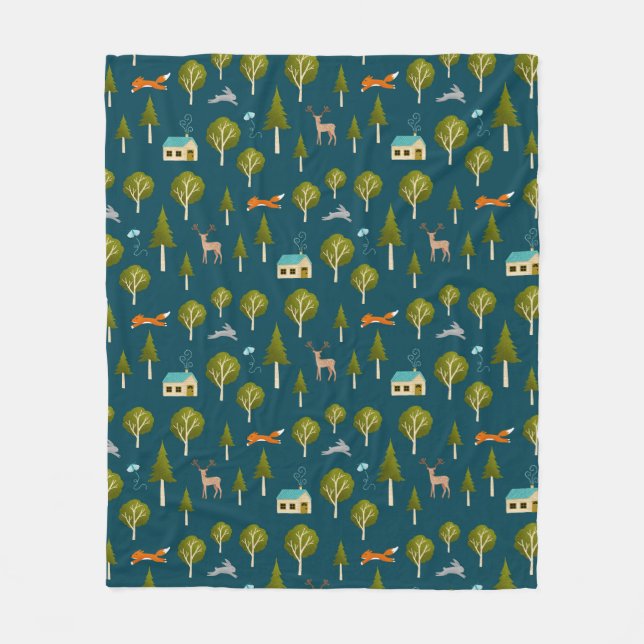 Cozy Forest Cabin and Animals Fleece Blanket (Front)