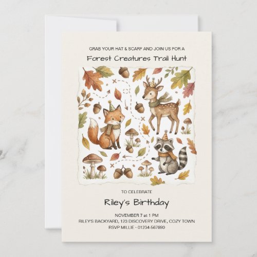 Cozy Forest Creatures Trail Hunt Autumn Birthday Invitation