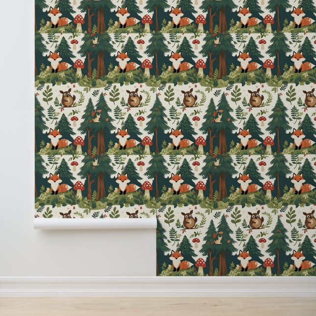 Cozy Forest Mushroom and Wildlife Peel and Stick Wallpaper (Application)