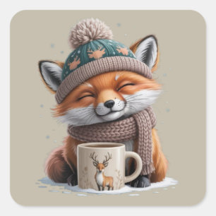 Cozy Fox Winter Season Animal Coffee Holiday Square Sticker
