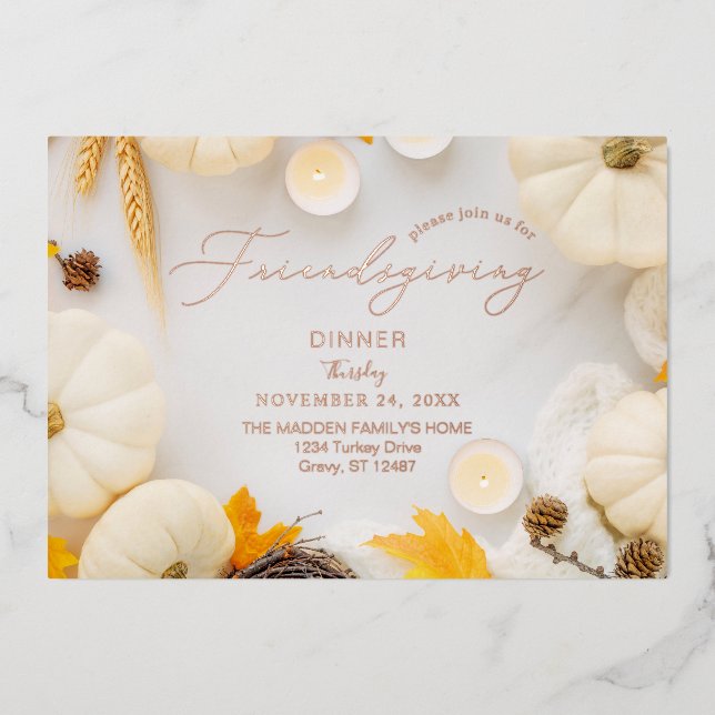 Cozy Friendsgiving Thanksgiving Pumpkin Dinner Foil Invitation (Front)
